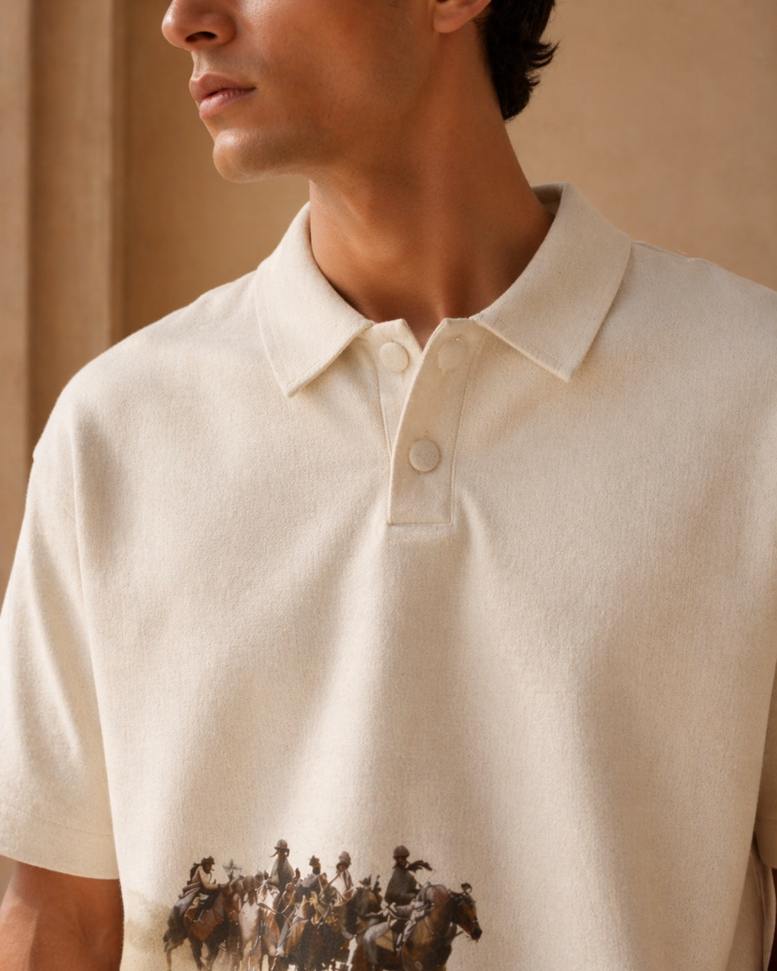 Close-up detail of the Vanguard Polo collar and fabric texture.